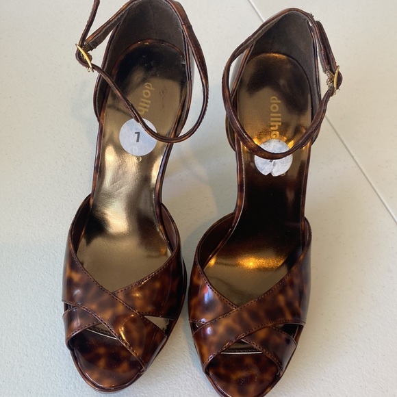 Dollhouse Platform Heels Brown Animal Print Patent Leather Size 7 - Picture 1 of 5
